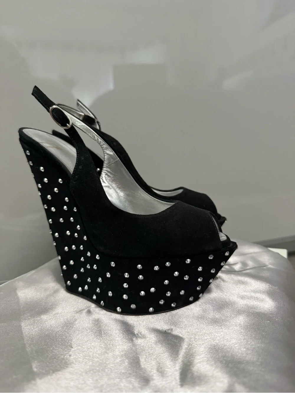 Giuseppe Zanotti Black Suede Studded Platform Wedge Slingbacks